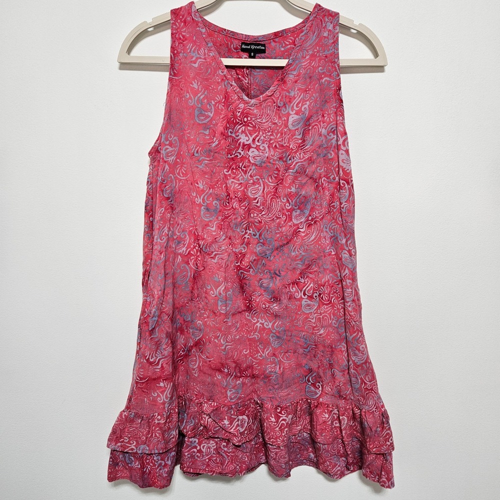 Hand Kreation Pink Paisley Batik Ruffle Hem Rayon Mini Dress S Boho Beach